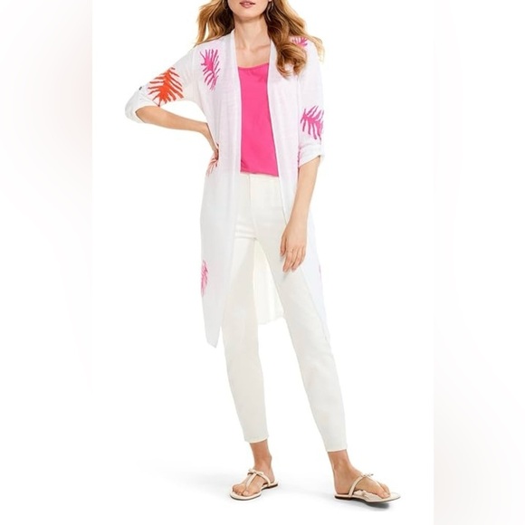 Nic + Zoe Cardigan Long Line Open Front White Pink Orange Leaf Print XS Oversize - Picture 1 of 7